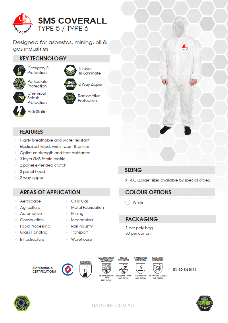 SMS Coverall Type 5/6 with hood - Large (White)